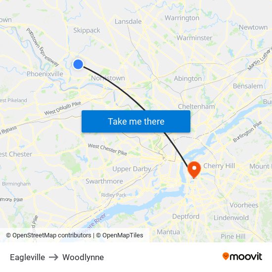 Eagleville to Woodlynne map