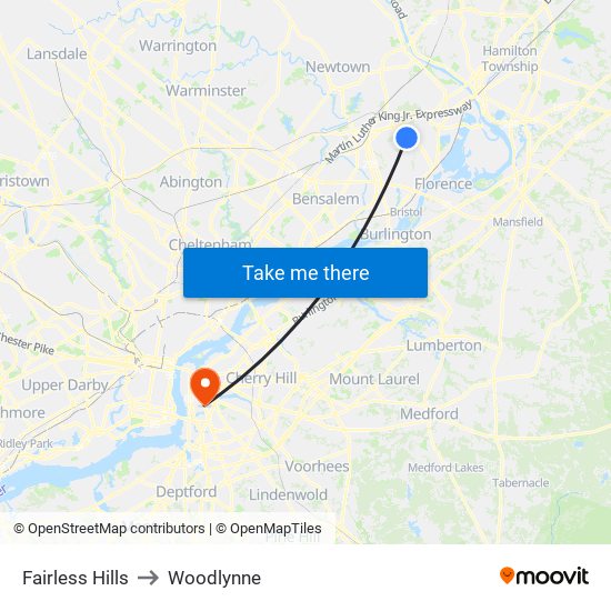 Fairless Hills to Woodlynne map