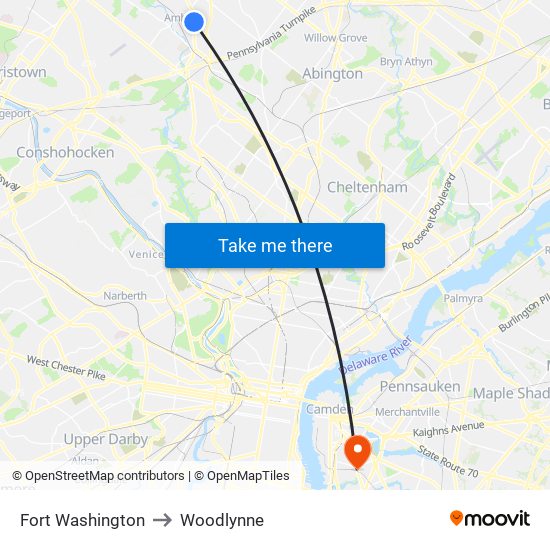 Fort Washington to Woodlynne map