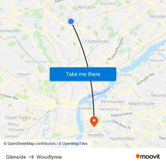 Glenside to Woodlynne map