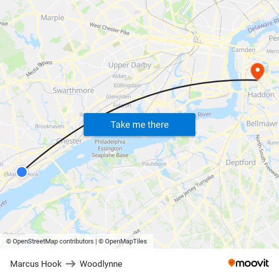 Marcus Hook to Woodlynne map