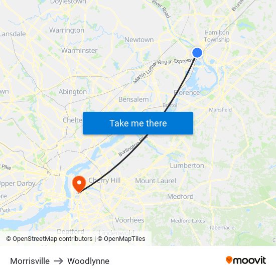 Morrisville to Woodlynne map