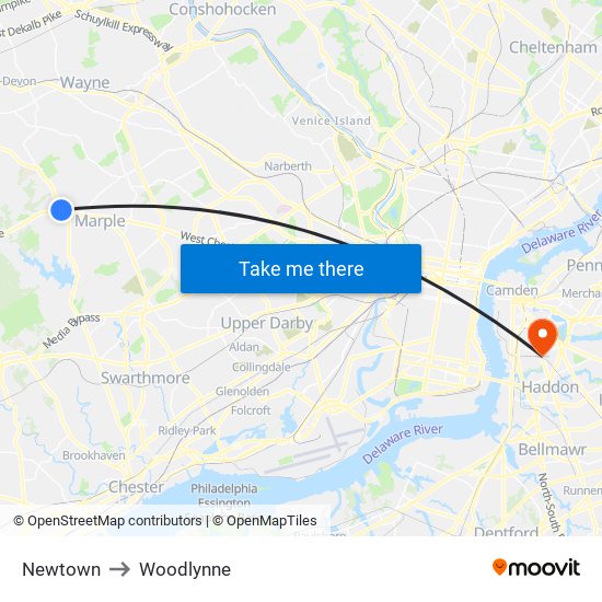 Newtown to Woodlynne map