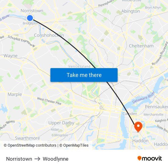 Norristown to Woodlynne map