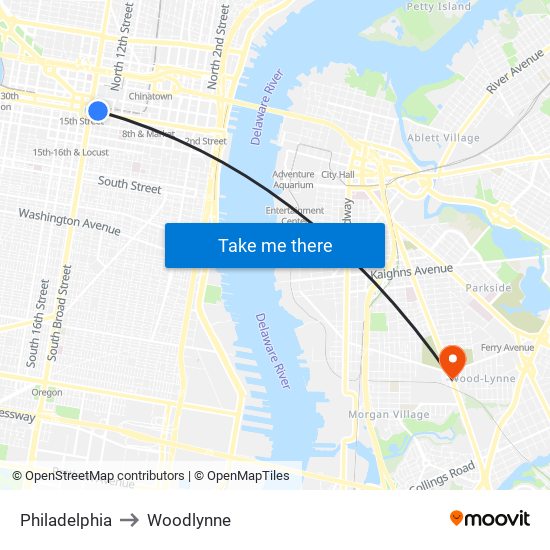 Philadelphia to Woodlynne map