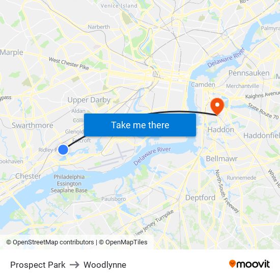 Prospect Park to Woodlynne map