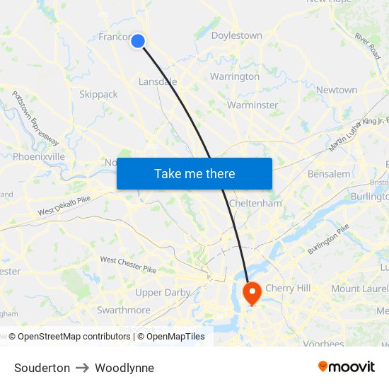 Souderton to Woodlynne map