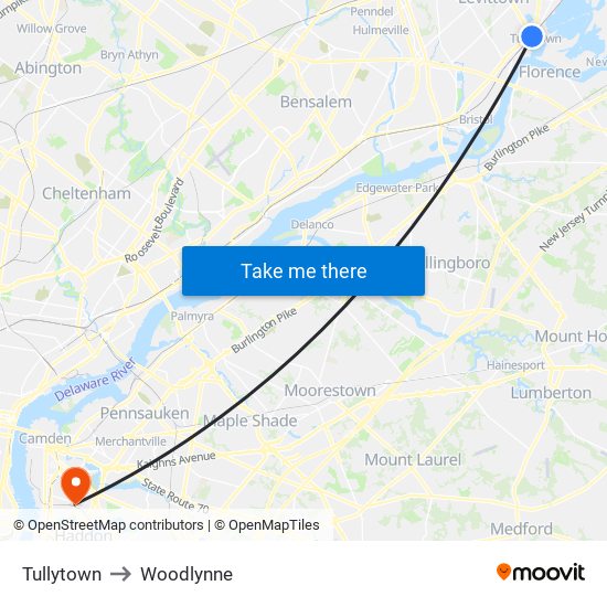 Tullytown to Woodlynne map