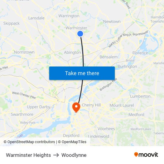 Warminster Heights to Woodlynne map