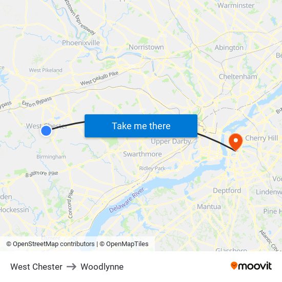 West Chester to Woodlynne map