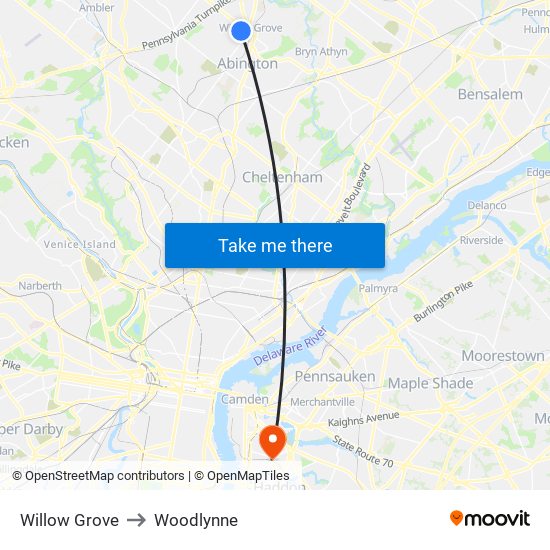 Willow Grove to Woodlynne map
