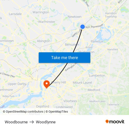 Woodbourne to Woodlynne map
