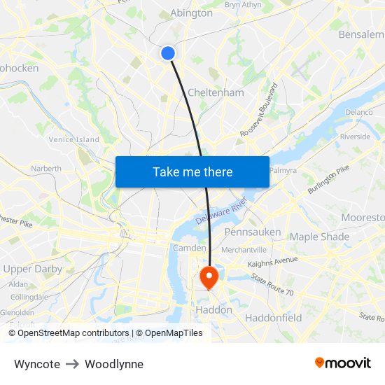 Wyncote to Woodlynne map