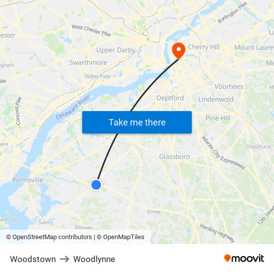 Woodstown to Woodlynne map
