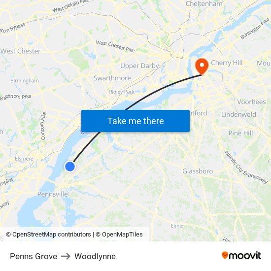 Penns Grove to Woodlynne map