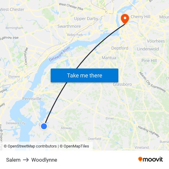 Salem to Woodlynne map