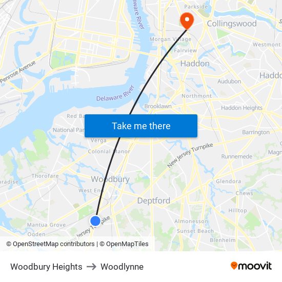 Woodbury Heights to Woodlynne map