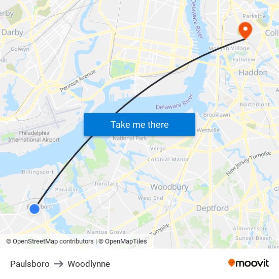 Paulsboro to Woodlynne map
