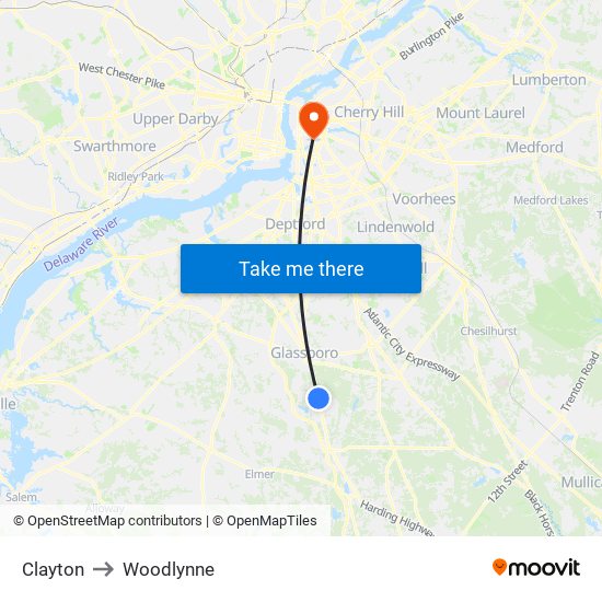 Clayton to Woodlynne map