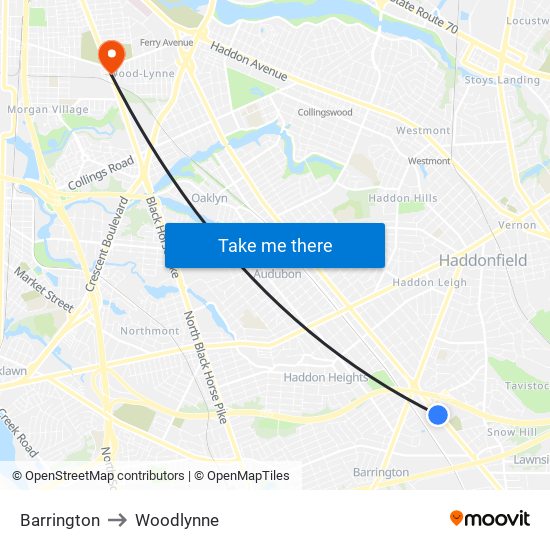 Barrington to Woodlynne map