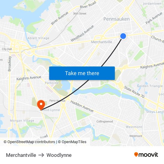 Merchantville to Woodlynne map