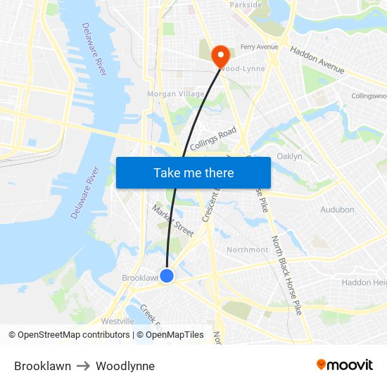 Brooklawn to Woodlynne map