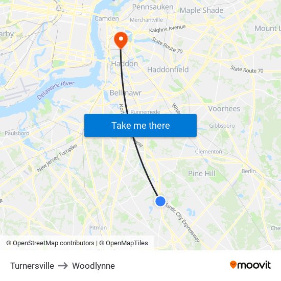 Turnersville to Woodlynne map
