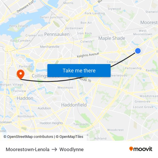 Moorestown-Lenola to Woodlynne map