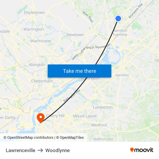 Lawrenceville to Woodlynne map