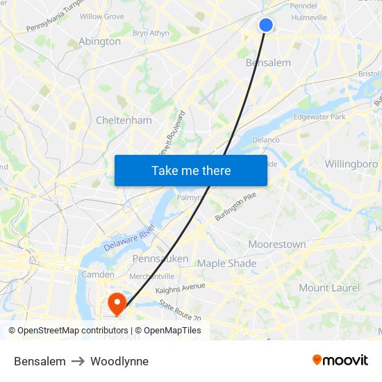 Bensalem to Woodlynne map