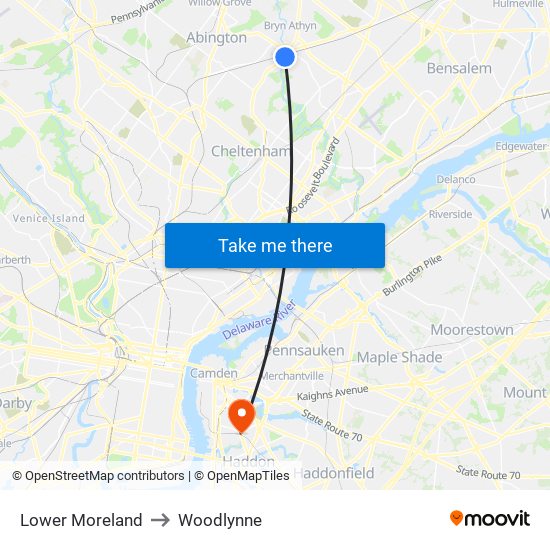 Lower Moreland to Woodlynne map