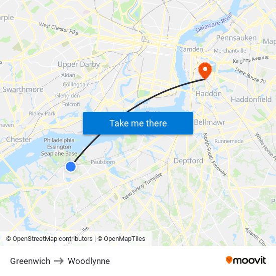 Greenwich to Woodlynne map