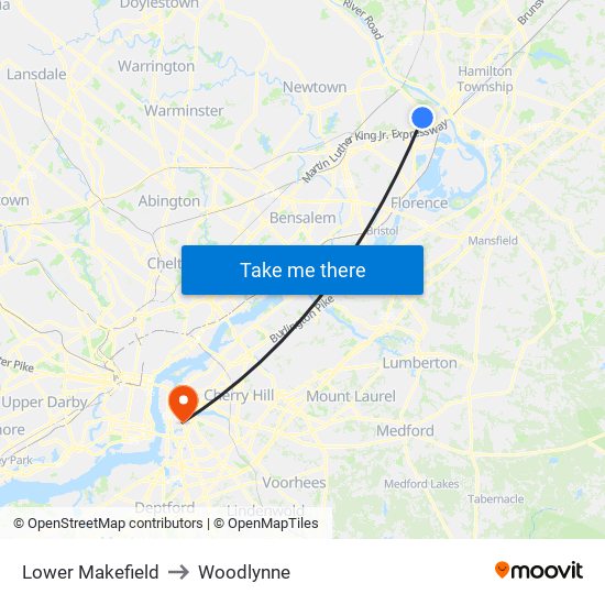 Lower Makefield to Woodlynne map