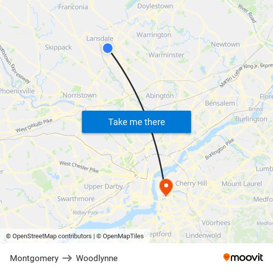 Montgomery to Woodlynne map