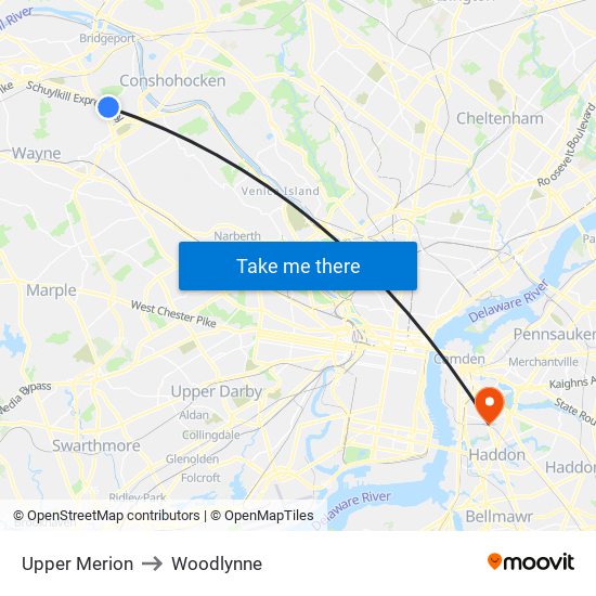 Upper Merion to Woodlynne map