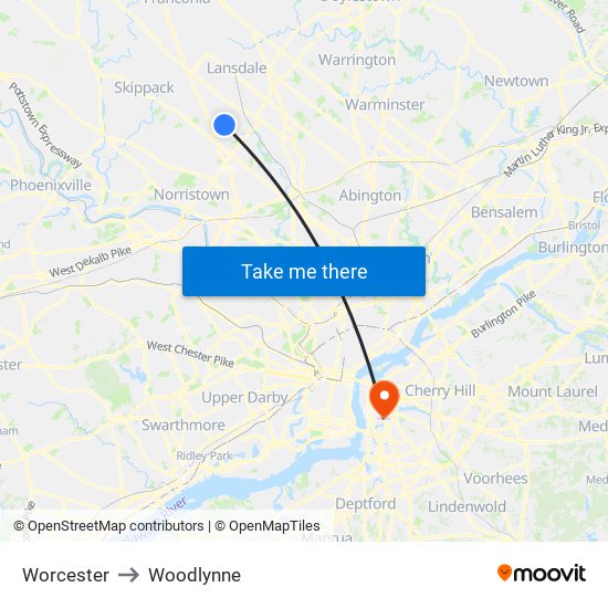 Worcester to Woodlynne map