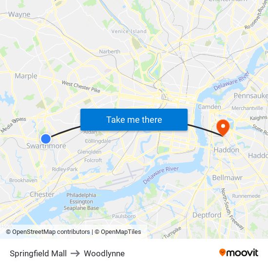 Springfield Mall to Woodlynne map