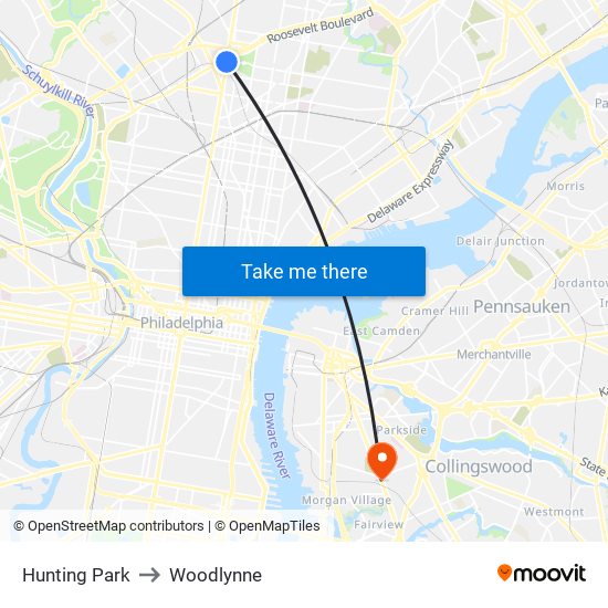 Hunting Park to Woodlynne map