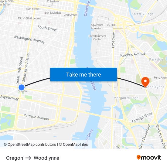 Oregon to Woodlynne map