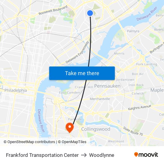 Frankford Transportation Center to Woodlynne map