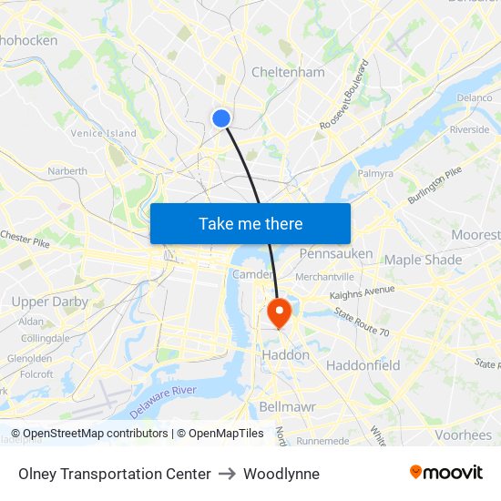 Olney Transportation Center to Woodlynne map