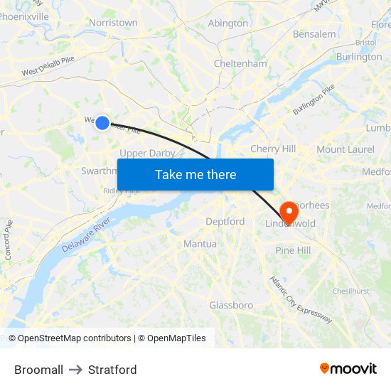 Broomall to Stratford map
