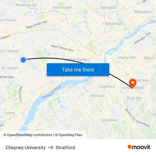 Cheyney University to Stratford map