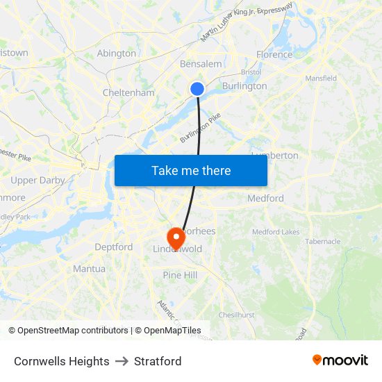 Cornwells Heights to Stratford map