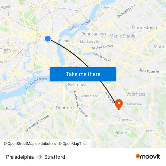 Philadelphia to Stratford map