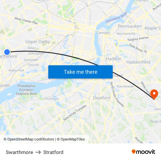 Swarthmore to Stratford map