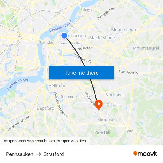 Pennsauken to Stratford map