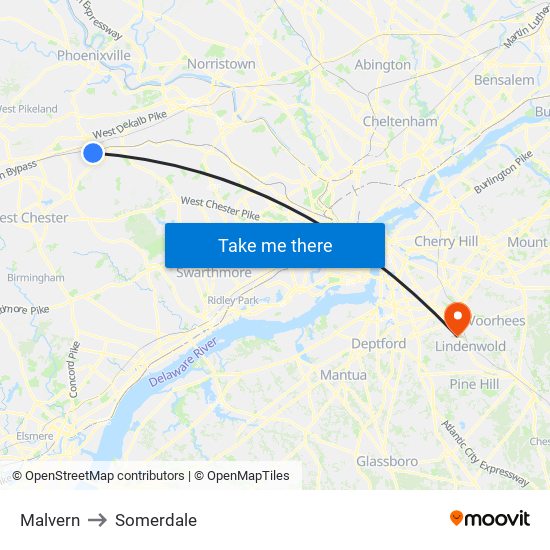 Malvern to Somerdale map