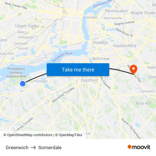 Greenwich to Somerdale map