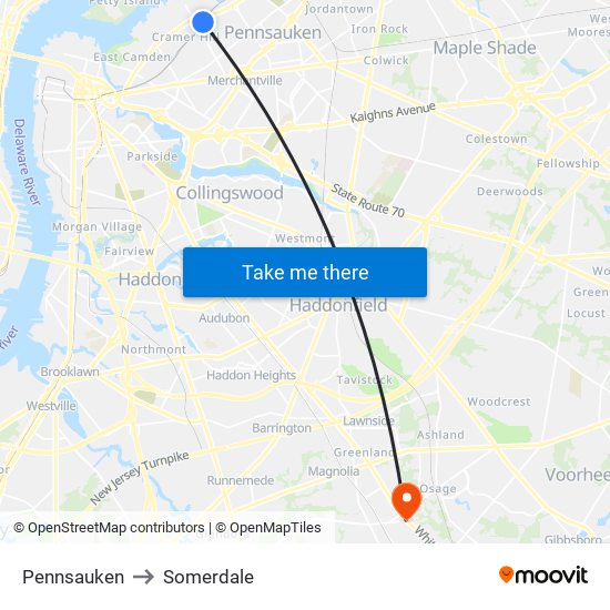 Pennsauken to Somerdale map